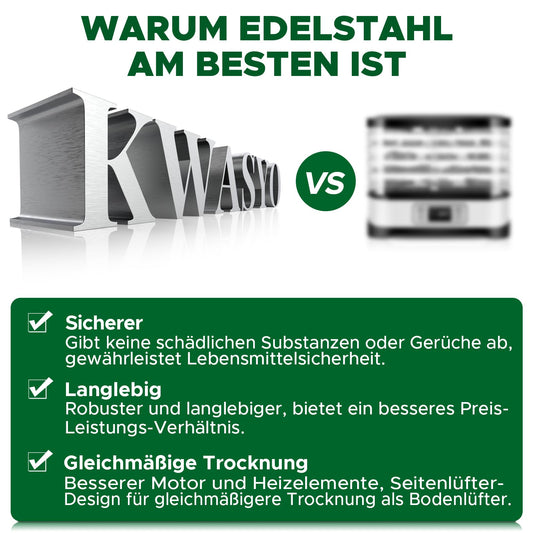 Kwasyo Dehydrator Stainless Steel, Double Fan 360° Efficient Dry, Dehydrator 12 Levels, 20-90°C Temperature Control, 24 Hour Timer, Overheating Protection, Recipe Book for Meat, Fruit, Vegetables,