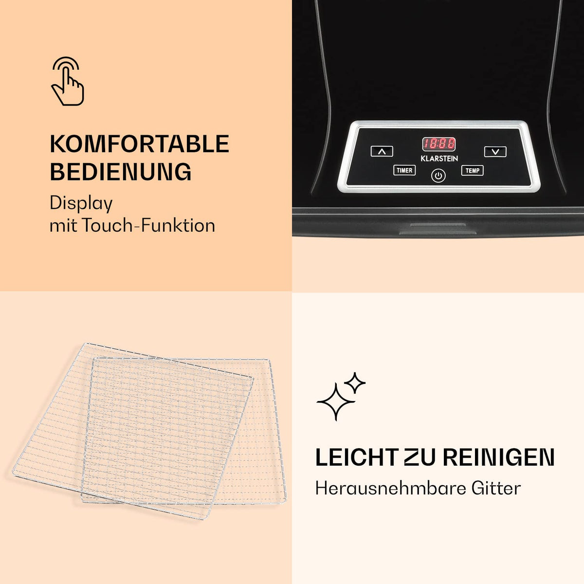 Klarstein Dörrautomat, Dörrgerät, Food Dehydrator, Dörrautomat aus Metall, Dehydrator Food Dryer, 9 Ablagen, 700 Watt, Touch-Display, Timer, Edelstahlheizelement, HotAir Circulation System, Schwarz