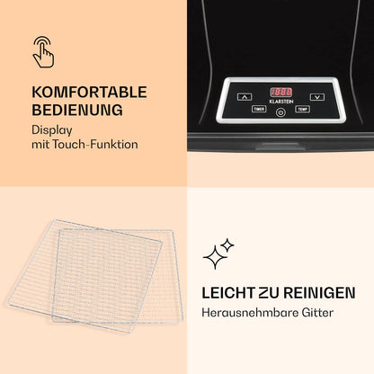 Klarstein Dörrautomat, Dörrgerät, Food Dehydrator, Dörrautomat aus Metall, Dehydrator Food Dryer, 9 Ablagen, 700 Watt, Touch-Display, Timer, Edelstahlheizelement, HotAir Circulation System, Schwarz