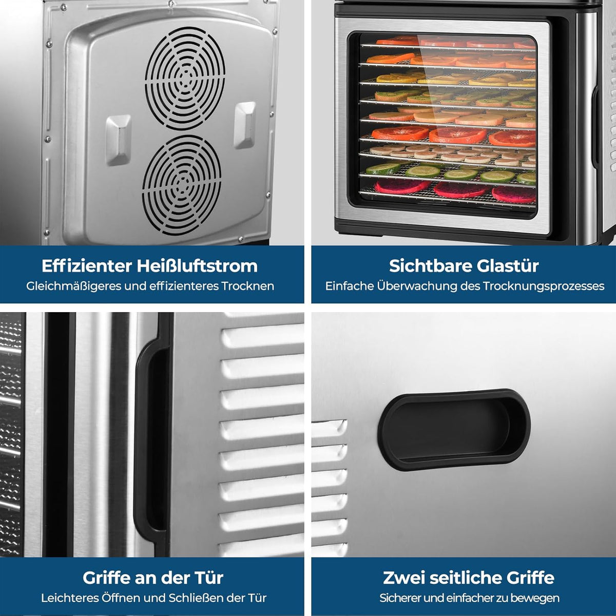 Edelstahl Dörrautomat, 1000W Dörrgerät für Obst und Gemüse mit LED-Anzeige, präziser Temperaturregelung (35-75°C), 48-Stunden-Timer, 9 Edelstahlschalen, 2 Maschensiebe, 1 Schale für Obstrollen