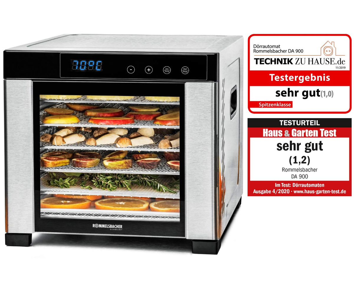 ROMMELSBACHER Dörrautomat DA 1000, XXL-Dörrfläche 1,6 m², inkl. 10 Edelstahl-Dörrtabletts, 2 Dörrgitter, 2 Dörrmatten, LED-Display, 24 Std. Zeitschaltuhr, Temperatur einstellbar (35 °C – 75 °C)