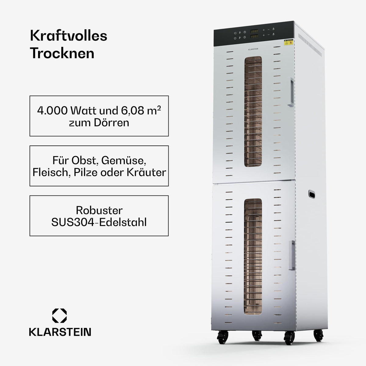 Klarstein Dörrautomat Edelstahl – 4.000-W-Dörrgerät, 48 Edelstahl-Einlegeböden, 30–90 °C, 24-Stunden-Timer, 6 Ventilatoren, 2 Trockenkammern, 50–55 dB, ideal für Obst, Gemüse, Fleisch, Kräuter, Silber
