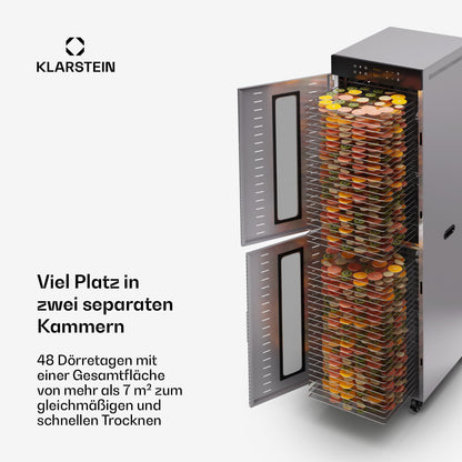 Klarstein Dörrautomat Edelstahl – 4.000-W-Dörrgerät, 48 Edelstahl-Einlegeböden, 30–90 °C, 24-Stunden-Timer, 6 Ventilatoren, 2 Trockenkammern, 50–55 dB, ideal für Obst, Gemüse, Fleisch, Kräuter, Silber