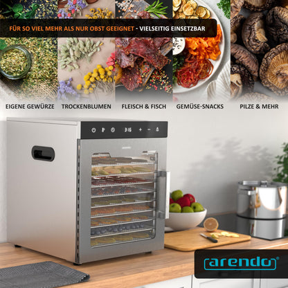 Arendo - Stainless steel dehydrator 8-fold - 500 watts with temperature control - dehydrator for food meat fruits fruit mushrooms - timer up to 24 hours - 8 compartments - GS - dehydrator